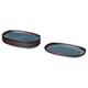 Option: Two sets of blue stoneware plates with golden-brown trim, oval-shaped, stacked neatly.
