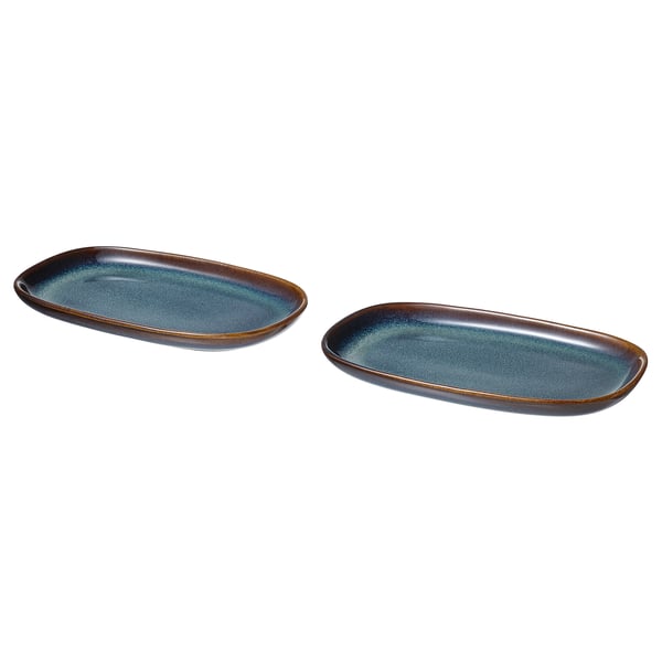 Oval blue plates. Glazed stoneware, golden rim. Clean classic shape.