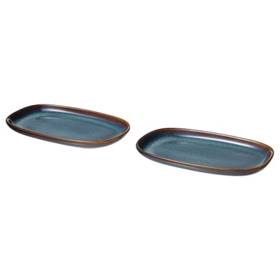Oval blue plates. Glazed stoneware, golden rim. Clean classic shape.