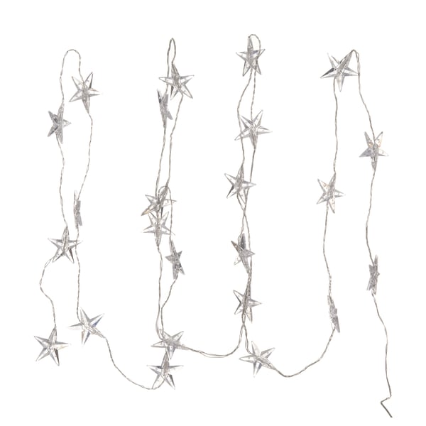 Four strings of silver star-shaped led lights against a white background.
