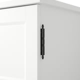 Black drawer handle on seamless white cabinet edge. High contrast detail modern smooth design.