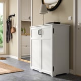 White GREÅKER cabinet stands tall beside door. Holds items behind closed doors, fits well under wall mirror.