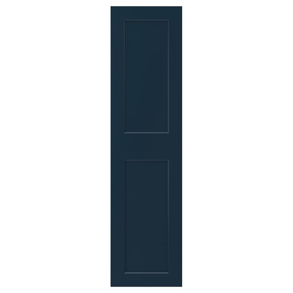 GRIMO: blue 2-panel door with wide frames, soft-close hinges, fiberboard, and beveled inner edges.