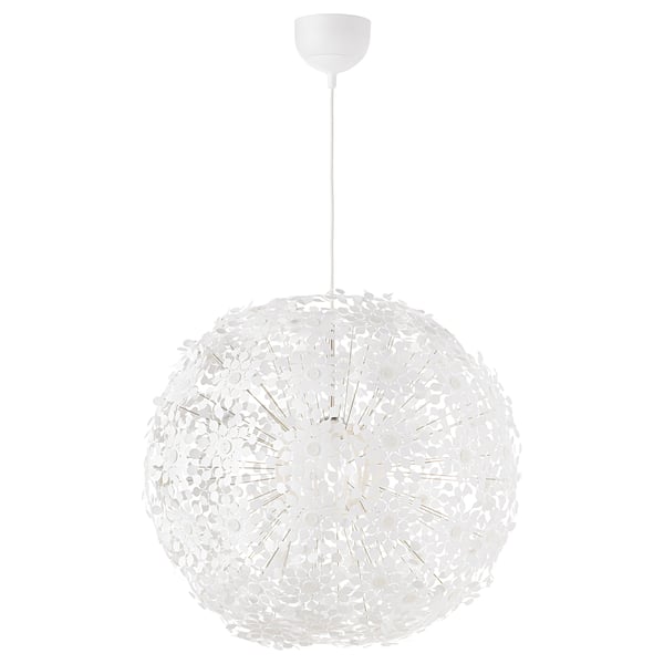 A white, spherical GRIMSÅS pendant light with a delicate, airy design. It hangs from a thin, white cable, casting intricate patterns when illuminated.