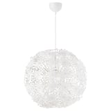 A white, spherical GRIMSÅS pendant light with a delicate, airy design. It hangs from a thin, white cable, casting intricate patterns when illuminated.