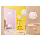 Bright room with yellow & pink walls, GRIMSÅS lamp with white sphere, casting patterns.