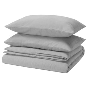 GROVSNÄRJA set: grey, folded duvet & pillows, soft cotton flannel, rectangle shape, simple design.