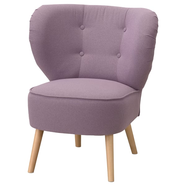 GUBBO purple fabric armchair with wood legs, high back, soft padding, small footprint.