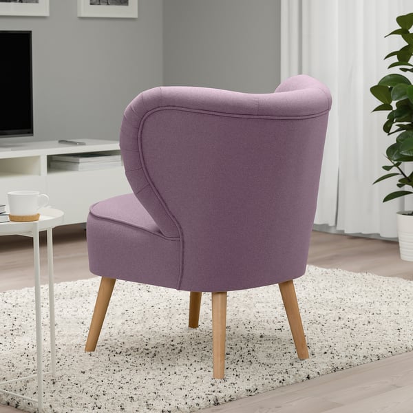 GUBBO chair, lavender, wooden legs, small, curved back, matches space constraint.