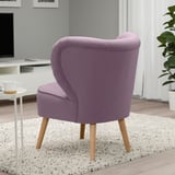 GUBBO chair, lavender, wooden legs, small, curved back, matches space constraint.