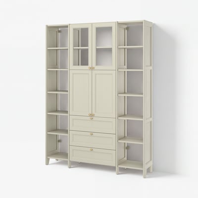 GULDDRAGARE Storage combination, beige/clear glass with 3 drawers, 162x37x216 cm