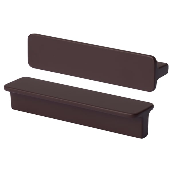 Two sleek, dark brown HACKÅS handles, rectangular with rounded edges, placed side by side on a white background.