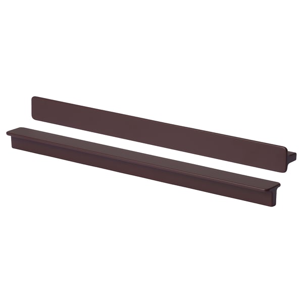 Two long, brown, rectangular, metallic kitchen handles with a smooth, rounded shape, laid side by side.
