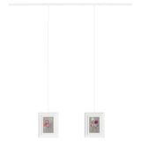 Wall-mounted picture suspension rail holds 1 or 2 frames, adjustable length, includes hooks and wall fittings.