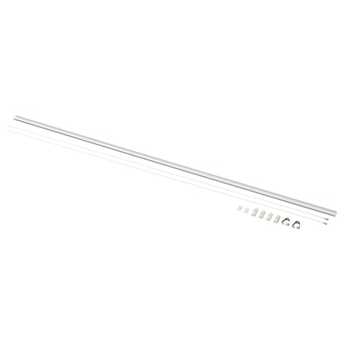 A silver aluminium suspension rail kit by HAGHED, including hooks, for hanging pictures.