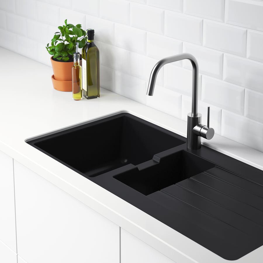 HÄLLVIKEN Inset sink, 1 ½ bowl w drainboard, black quartz composite/for ...