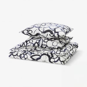 HÄRLIR Duvet cover and 2 pillowcases, white black/blue floral pattern, 240x220/60x70 cm
