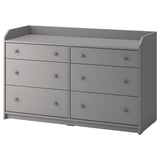 HAUGA grey 6-drawer chest with top shelf, bedroom/living room storage.
