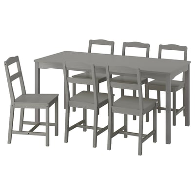 A HAUGA dining set - grey, featuring a rectangular table and six matching chairs, designed with traditional aesthetic and sturdy wood construction.