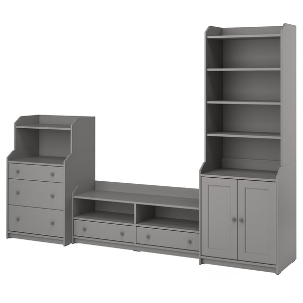 Grey HAUGA storage set: bookcase, double-door cabinet, desk with shelves & drawers. Modern & practical.