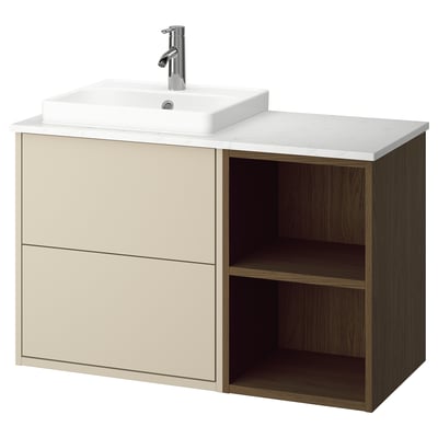 HAVBÄCK beige bathroom vanity with marble top & sink.
