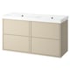 Modern light beige dual-sink bathroom vanity with minimalist design.
