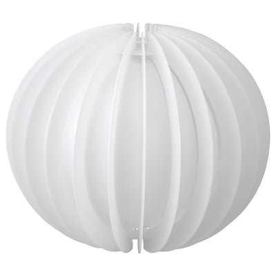 Havfjäder white lampshade, ribbed design, plastic, round shape, hangs from wire.
