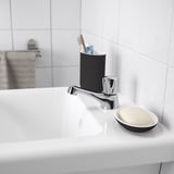 Chrome HAVSJÖN faucet with soap dish & toothbrush holder, sleek & modern.