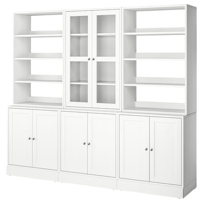 HAVSTA white bookcase: four sections, glass doors, solid pine, classic design.