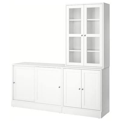White HAVSTA furniture set, solid pine, rustic, with glass and closed doors.