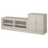 A light beige HAVSTA storage unit with an open shelf and a cabinet for organizing and hiding cables.