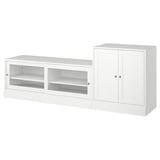White HAVSTA furniture set, featuring open and closed storage with solid pine and clear lacquer finish.