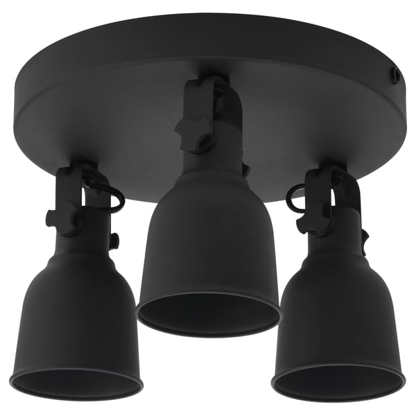 The black HEKTAR ceiling lamp with oversized metal shades in a rustic industrial design.