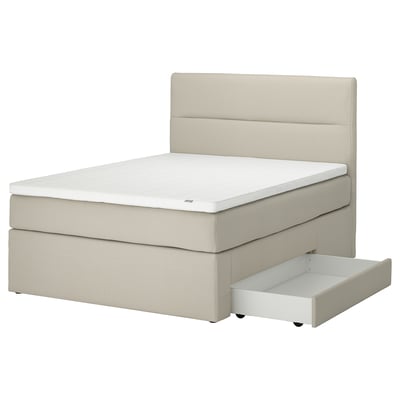 Modern beige upholstered divan bed with two storage drawers, padded headboard.