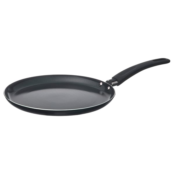 HEMLAGAD crepe pan, black, round, aluminum with non-stick coating, easy-grip handle.