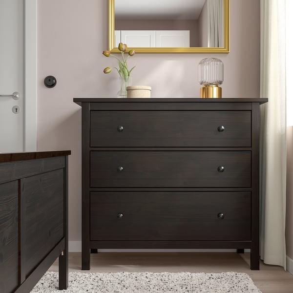 HEMNES chest of drawers - dark wood, 3 large drawers, mirror + vase, fits corner well.