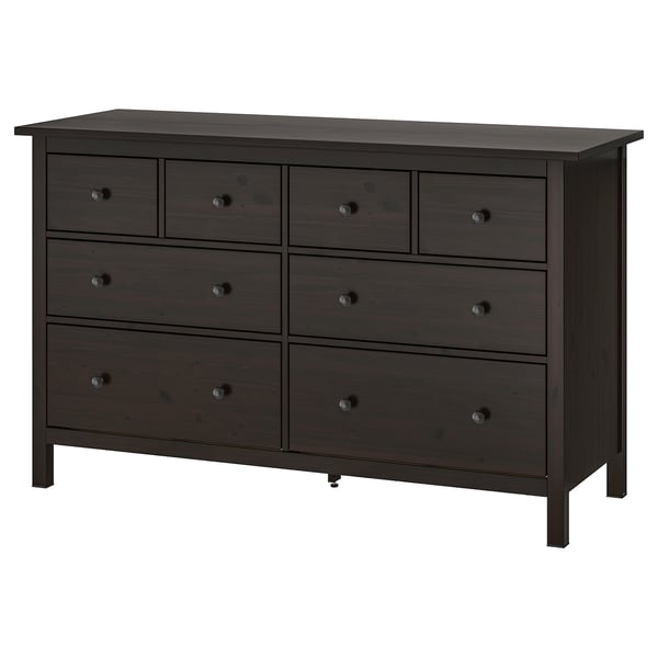 A HEMNES dark gray wooden dresser with six drawers in two rows. The design is simple and modern with round knobs.