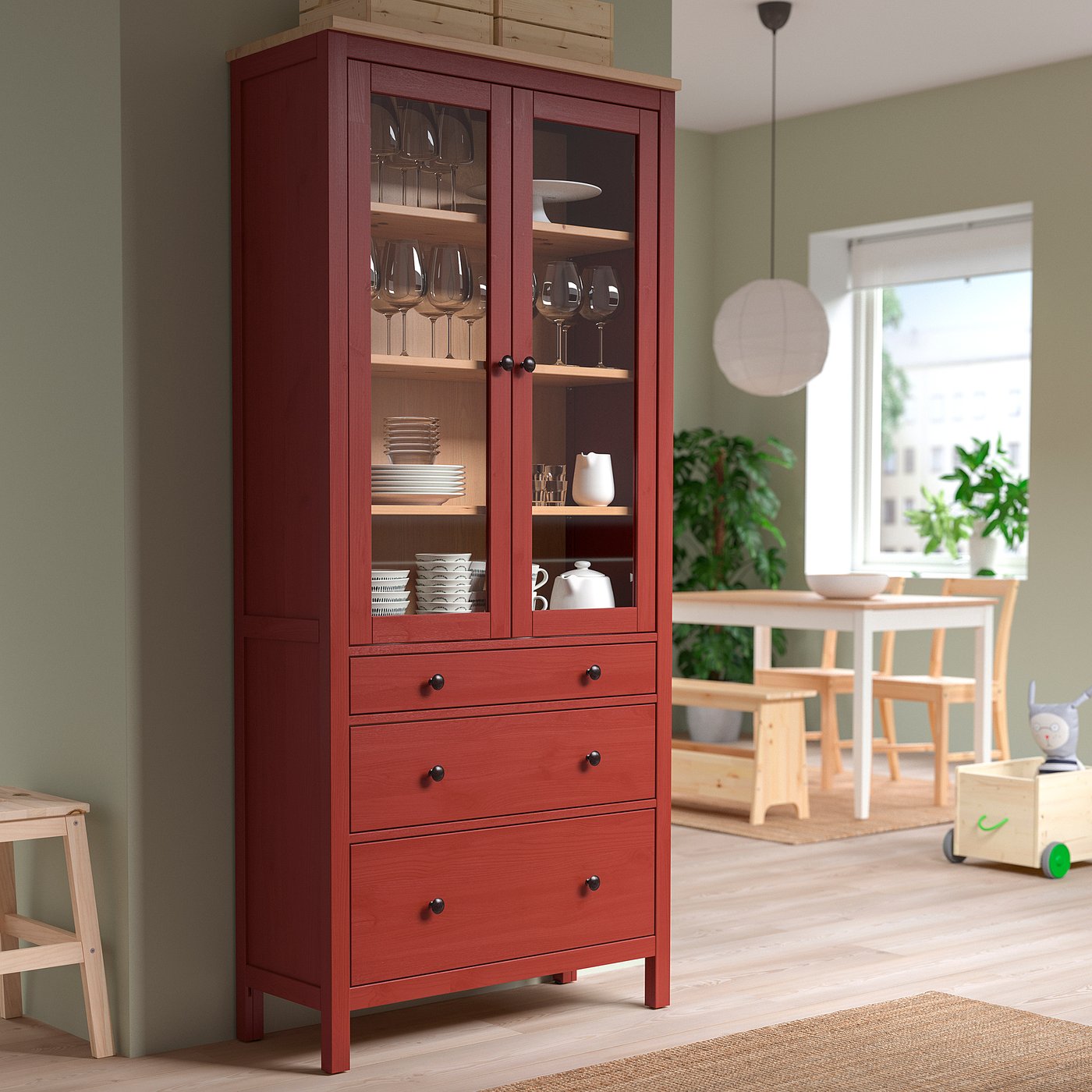 Red Cabinet With Glass Doors American Style Solid Wood Living Room