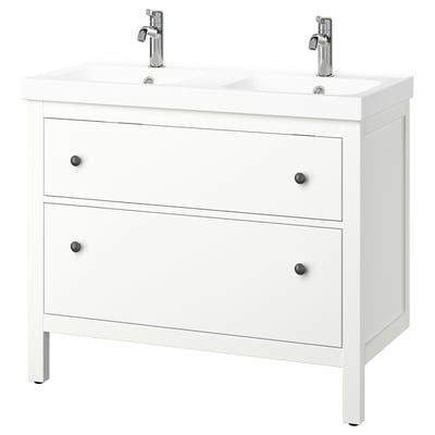 White HEMNES double sink vanity, sleek design with two drawers and chrome faucets.
