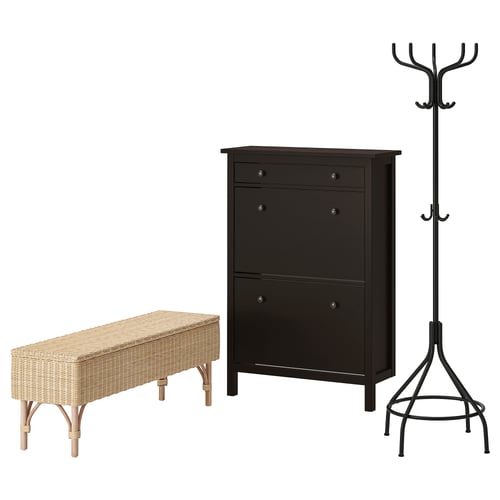 This image a black HEMNES shoe cabinet, a natural woven bench, and a black coat stand. Together, they form a stylish and organized entryway setup.
