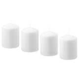 Four white HEMSJÖ pillar candles, cylindrical shape, simple design, made from plant-based wax and cotton wicks.