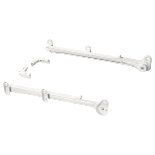 White HJÄLPA hardware set: two metal bars, hooks, and wheel, for organizing.