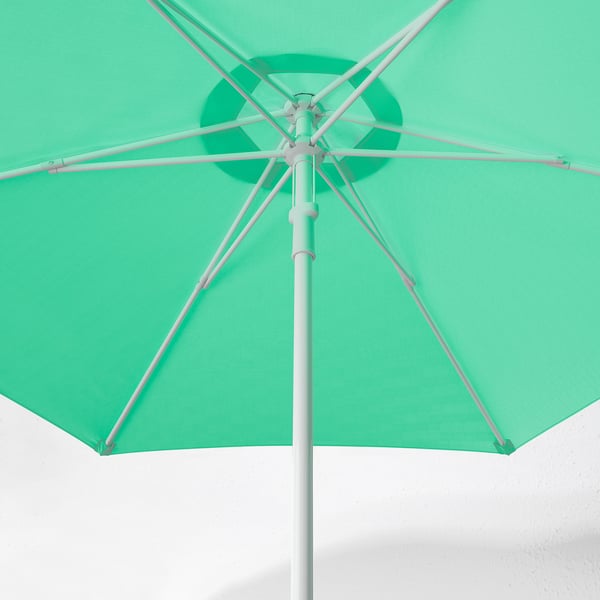 Aqua-colored parasol with white ribs and pole, open and closed, showcasing its sturdy build and wind vent.