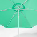 Aqua-colored parasol with white ribs and pole, open and closed, showcasing its sturdy build and wind vent.