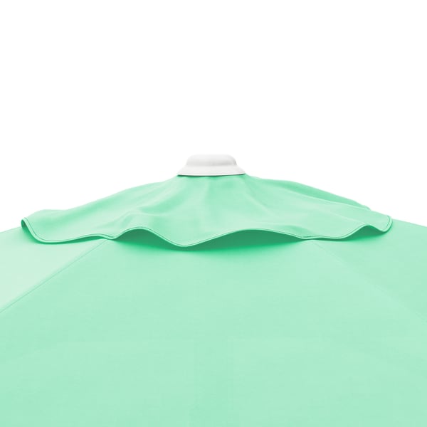 A green parasol with a white handle; clean, vibrant fabric; sturdy design, easy to open and close.