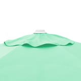 A green parasol with a white handle; clean, vibrant fabric; sturdy design, easy to open and close.