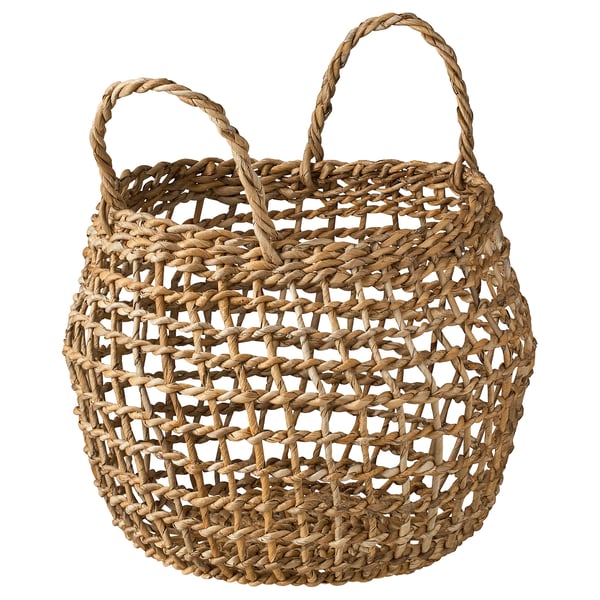 Handwoven banana fibers basket, natural color, round shape, sturdy handles.