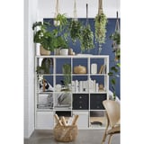 Home office with plants and furniture. HÖKRUBBA basket in natural hues sits near desk with storage units, books, and hanging plants.