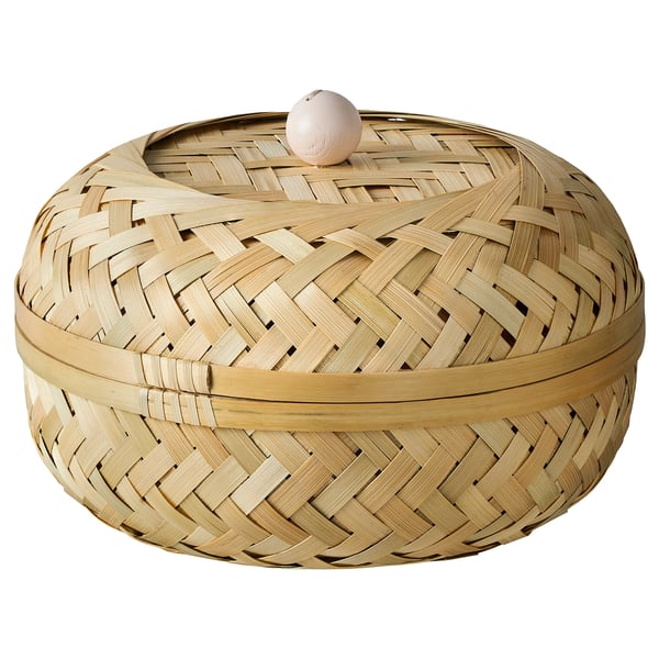 Elegant woven bamboo basket with lid. Handcrafted herringbone design. Natural color, round shape, decorative.