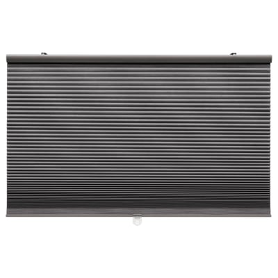 A HOPPVALS black room-darkening cellular blind, featuring a sleek, rectangular design with horizontal slats, mounted against a white background.